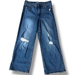 Old Navy Dark Indigo Blue Denim Distressed Knees Ankle Length Wide-Leg Jeans